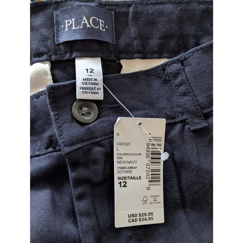 Children's Place Boys Bottoms, Navy Adjustable Waist Flat Front Chino Pants, 12